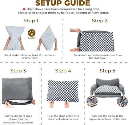 BurgeonNest Cat Couch Bed & Dog Sofa Bed for Small Dogs & Cats up to 15lbs, Double Layer Cushion Extra Comfort, Leather & Plush Material Scatch-Resistant, Waterproof, Grey