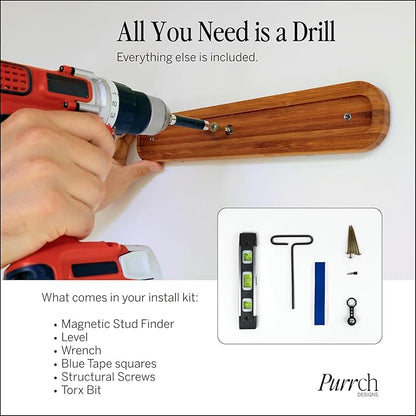 The Play Series – Wall-Mounted Cat Hammock & Two Sisal-Wrapped Shelves – Built for Climbing, Lounging, Scratching, and Play – for Playful, Happy Cats – Modern Bamboo Cat Furniture