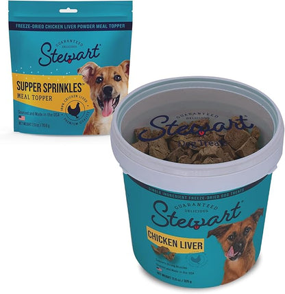 Stewart Chicken Liver Freeze Dried Dog Treats and Supper Sprinkles, Resealable Containers, Grain Free & Gluten Free, Single Ingredient, Dog Training Treats; 11.5 oz Resealable Tub & 2.5 oz Resealable