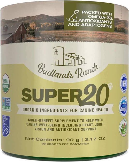 Badlands Ranch - Super20 Canine Supplement Organic Ingredients Multi-Benefit Supplement, Ashwagandha, Help w/Canine Well-Being, Heart, Joint, Vision, Antioxidant Support by Katherine Heigl (30 scoops)