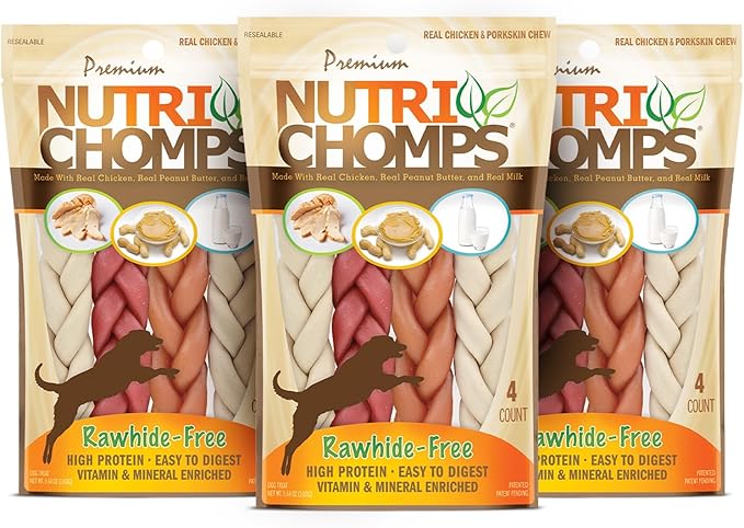 NutriChomps Dog Chews- 6-inch Braids,Easy to Digest, Rawhide-Free Dog Treats, Healthy, 4 Count, Real Chicken, Peanut Butter and Milk Flavors, Bundle of 3