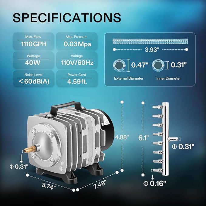 VIVOSUN Commercial Air Pump 1110 GPH 8 Outlet 40W 70L/min for Aquarium and Hydroponic Systems