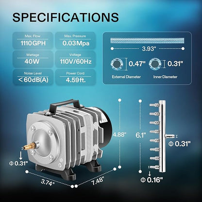 VIVOSUN Commercial Air Pump 1110 GPH 8 Outlet 40W 70L/min for Aquarium and Hydroponic Systems