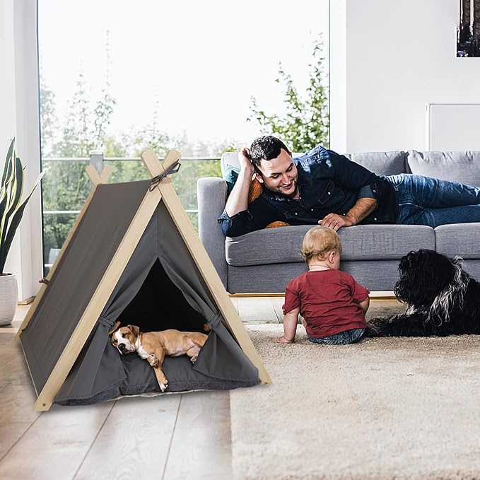 Pet Teepee Tent for Small Dogs & Cats, Portable Puppy Bed with Thick Cushion, Cat Teepee Washable Tent Dog Teepee Bed for Small Pets Up to 25lbs Indoor Outdoor