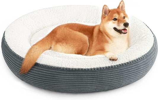 Love's cabin Round Donut Cat and Dog Cushion Bed, 36in Pet Bed for Medium or Large Dogs, Anti-Slip Water-Resistant Bottom, Super Soft Durable Pet beds, Washable Cat Bed Stripe Bluish Grey