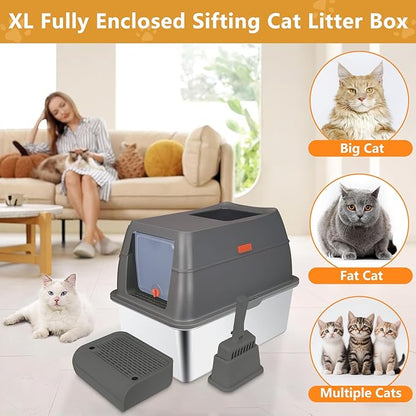 ELEGX Pine Litter Sifting Cat Litter Box, 4-in-1 Cat Metal Litter Box Set,Enclosed Removable Metal Litter Box with Screen Mesh,High Sided Enclosure,Mat & Scoop (Deep Grey)