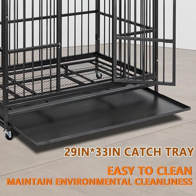 48  Heavy Duty Dog Crate, Cage Kennel with Wheels&Brakes, High Anxiety Indestructible, Sturdy Locks Design, Double Door and Removable Tray, for Large Pets