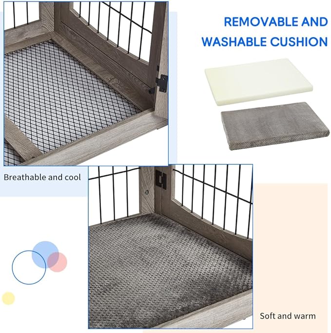 Dog Crate Furniture with Double Drawers, Wooden End Table Dog Kennel, Furniture Style Wood House Crate for Small/Medium/Large Dogs, Decorative Dog Crate with Storage for Large Breed, 32 Inch,Gray