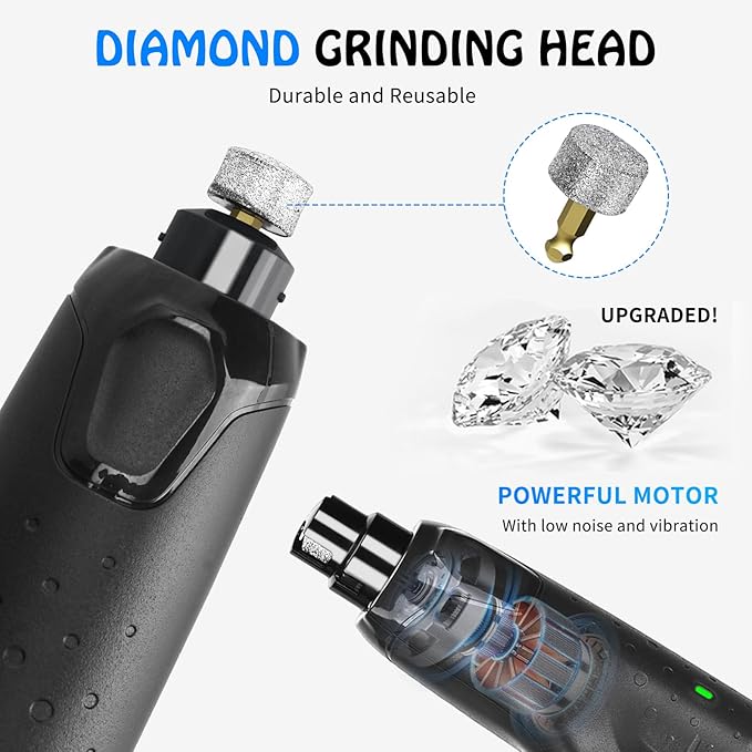 Dog Nail Grinder Quiet Low Vibration, 6 Speed Pet Nail Grinder with 2 LED Lights for Large Medium Small Dogs Cats, Professional 3 Ports Rechargeable Electric Dogs Nail Trimmer (Grey)