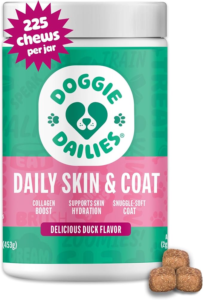 Doggie Dailies Skin & Coat Supplement Support, Salmon Oil for Dogs Skin and Coat with Collagen, Omega 3, Krill Oil, Biotin, & Coconut Oil for Dogs (Duck) 225 Soft Chews