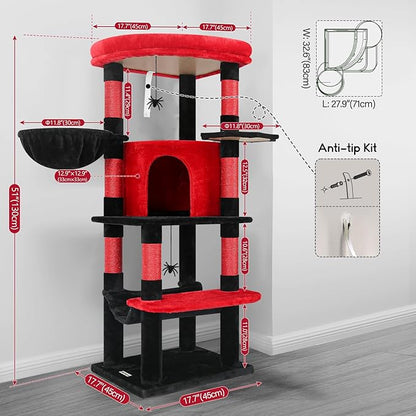 Globlazer Gothic Corner Cat Tree Tower with Scratching Post for Indoor Cats, 51inch Goth Cat Condo Tower with Large Hammock, Fan-Shaped Padded Perch, Spacious Cat Cave, Hanging Basket, C51, Red Black