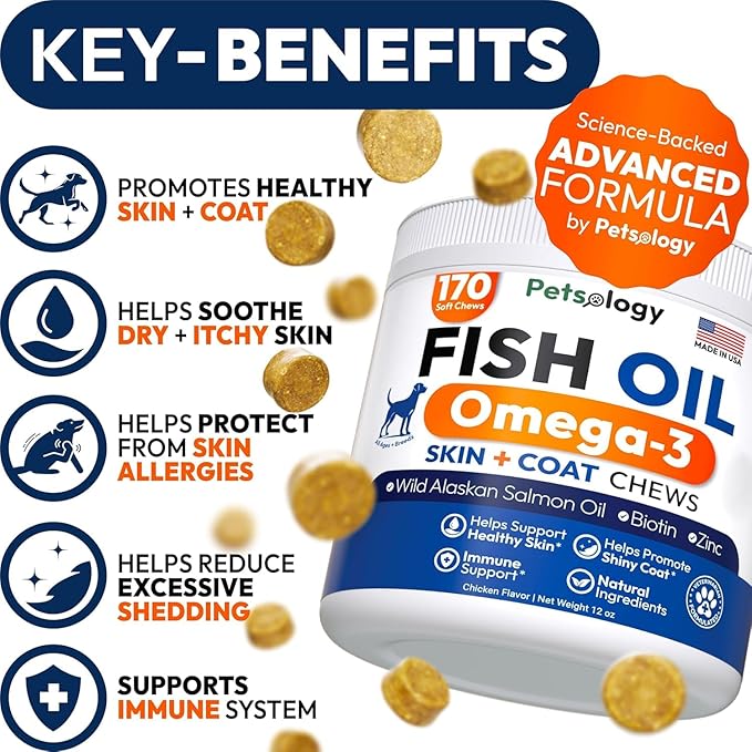 Omega 3 Fish Oil for Dogs - 170 Chews - Omega 3 for Dogs Itchy Skin & Allergy Relief - Skin & Coat Supplement - EPA & DHA Fatty Acids - Dog Anti Shedding & Hot Spot Treatment - Salmon Oil