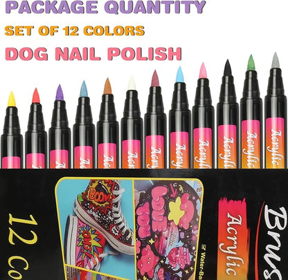 Dog Nail Polish Pens, 12 Colors Nail Polish Set Pet Pens Quick Dry, Dog Claw Care Nail Polish, Waterproof Acrylic Paint Pens for DIY Pet Nails, Odorless, Easy to Apply