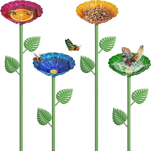 4Pcs Bee Watering Station, Metal Bird Water Feeder Butterfly Bath Bowl, Colorful Flower Shape Pollinator Watering Stake for Outdoor Yard Garden Decor (Red,Green,Blue,Yellow)