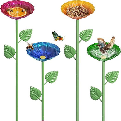 4Pcs Bee Watering Station, Metal Bird Water Feeder Butterfly Bath Bowl, Colorful Flower Shape Pollinator Watering Stake for Outdoor Yard Garden Decor (Red,Green,Blue,Yellow)