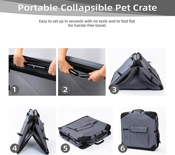 Pettycare 42 Inch Collapsible Dog Crate with Curtains Travel Dog Crate for Airflow and Calm Soft Pet Kennel with Portable Bag and More Chew Proof Mesh Indoor & Outdoor Grey 4 Door Curtains