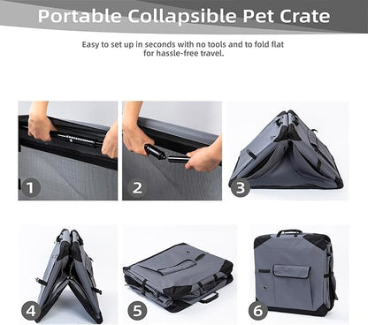 Pettycare 42 Inch Collapsible Dog Crate with Curtains Travel Dog Crate for Airflow and Calm Soft Pet Kennel with Portable Bag and More Chew Proof Mesh Indoor & Outdoor Grey 4 Door Curtains