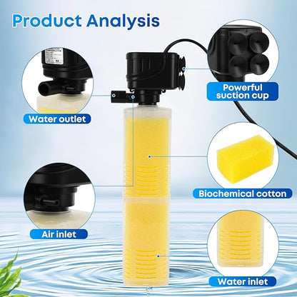 320GPH Aquarium Filter for 40-100 Gallon Fish Tank-4-in-1 Submersible Internal Filter with Biochemical Filtration,Powerful Water Pump,Air Supply, and Wavemaker for Large Tanks and Ponds
