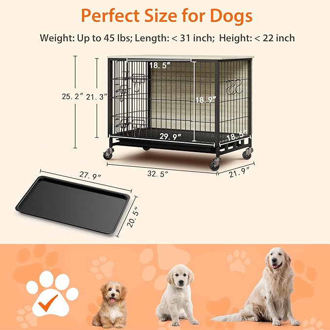 Dog Crate Furniture, 32.5" Wooden Dog Crate with Double Doors & Wheels, Upgraded Kennel End Table, Indoor Cage for Small/Medium/Large Dog, Rustic Grey