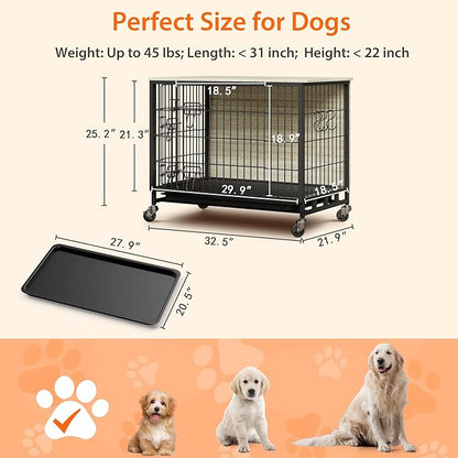 Dog Crate Furniture, 32.5" L Indoor Kennel with Double Doors, Sturdy Dog Cage with Easy Assembly, Wheels & Removable Tray, Rustic Grey