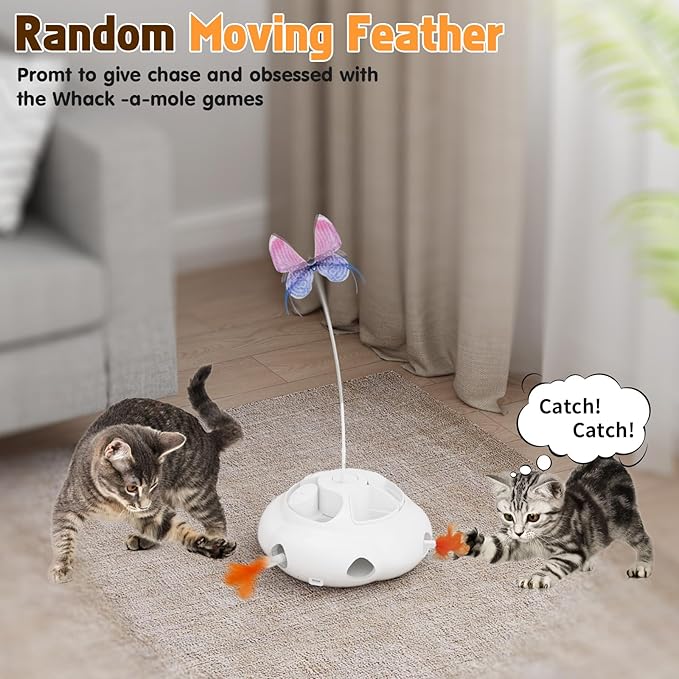Interactive Cat Toys for Indoor Cats, 4in1 Pet Teaser Toy with Ambush Feather Wand, Motorized Fluttering Butterfly and Slow Feeder, Rechargeable Power Treat Puzzle Toys(White)