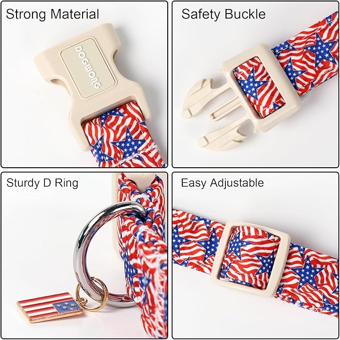 DOGWONG American Flag Dog Collar, Patriotic Independence Day Dog Collar Soft Fabric Pet Dog Collars, Boy Red White and Blue Necklace for Small Medium Large Dogs