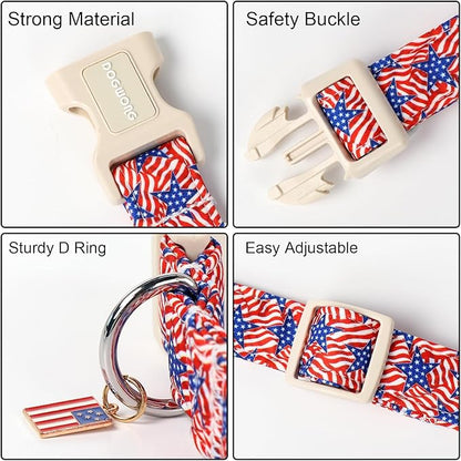 DOGWONG American Flag Dog Collar, Patriotic Independence Day Dog Collar Soft Fabric Pet Dog Collars, Boy Red White and Blue Necklace for Small Medium Large Dogs