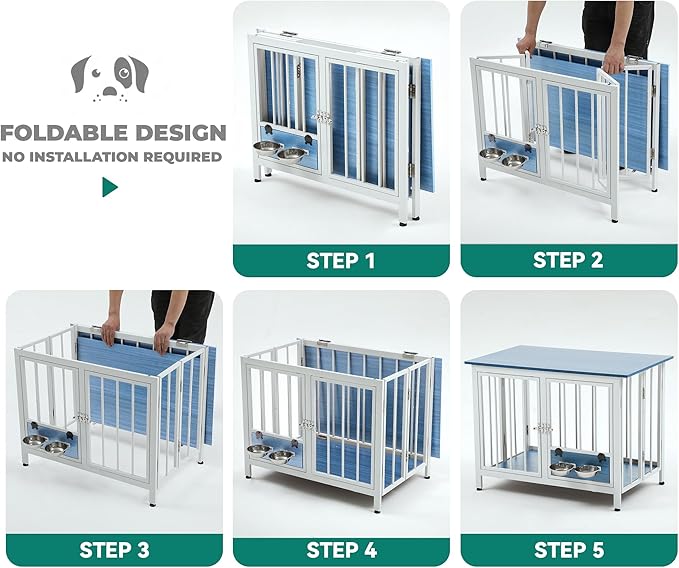 YITAHOME 33" Foldable Dog Crate Furniture, Portable Wooden Kennel End Table with Adjustable Feet & 360° Rotatable Bowls, Perfect for Small to Medium Dogs, Blue