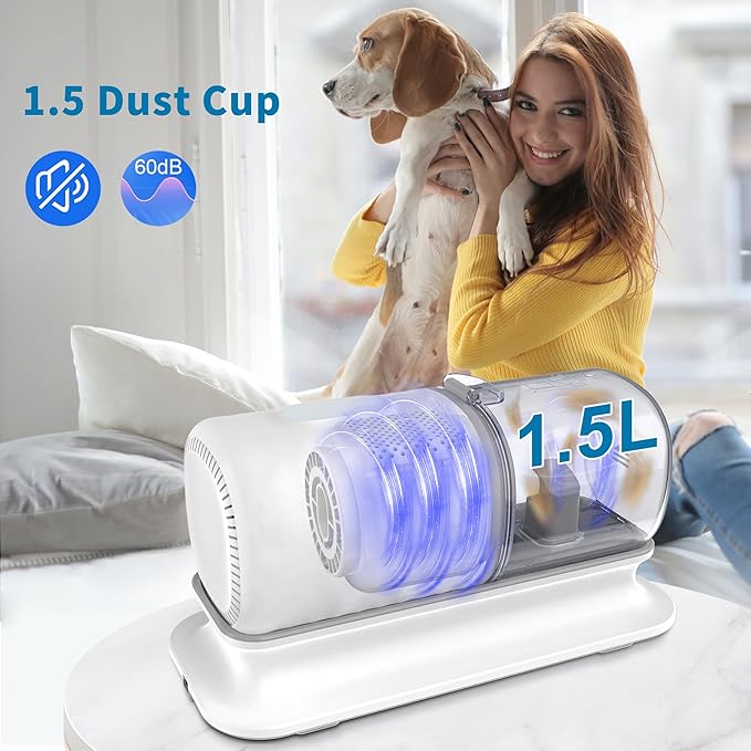 Dog Grooming Kit, Pet Grooming Vacuum with Electric Clipper & 4 Combs, Pet Hair Grooming Shedding Brush, Cleaning and Crevice Tool with 1.5 L Dust Cup Dog Hair Vacuum Home Clean