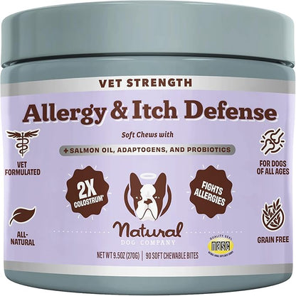 Natural Dog Company Allergy & Itchy Defense Chews 90 ct, Vet Strength High-Concentration Dog Allergy Relief with 2.4X Colostrum,2X Salmon Oil & 1.5X Probiotics, Supports Immune,Coat & Gut Health