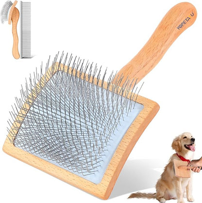 Dog Slicker Brush for Shedding and Grooming Medium or Long Haired Cats, Extra Long & Soft Pin Slicker Brush for Removes Loose Hair, Tangles, Knots, Undercoat, Free Pet Comb, Large, Clear