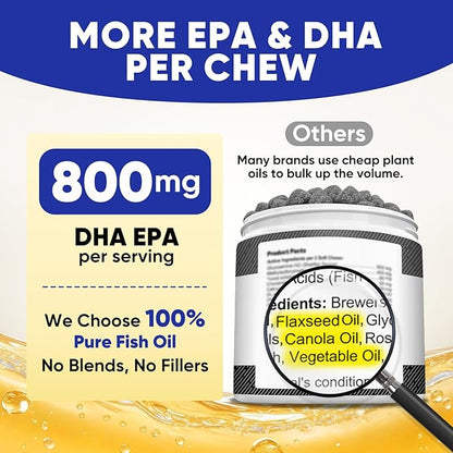 Fish Oil for Dogs – Dog Fish Oil Supplement with Salmon Oil from 8 Deep-Sea Fish, Rich in DHA & EPA for Skin & Coat Health, Allergy Relief, MSM, Plus Probiotics for Gut – 180 Soft Chews