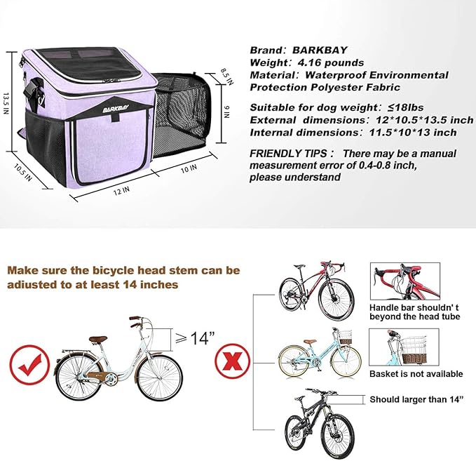 BARKBAY Dog Bike Basket Carrier, Expandable Foldable Soft-Sided Dog Carrier, 2 Open Doors, 5 Reflective Tapes, Pet Travel Bag,Dog Backpack Carrier Safe and Easy for Small Medium Cats and Dogs(Purple)