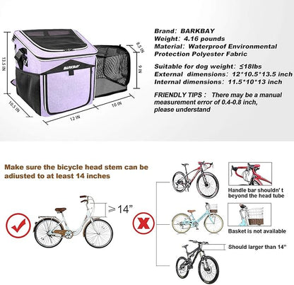 BARKBAY Dog Bike Basket Carrier, Expandable Foldable Soft-Sided Dog Carrier, 2 Open Doors, 5 Reflective Tapes, Pet Travel Bag,Dog Backpack Carrier Safe and Easy for Small Medium Cats and Dogs(Purple)