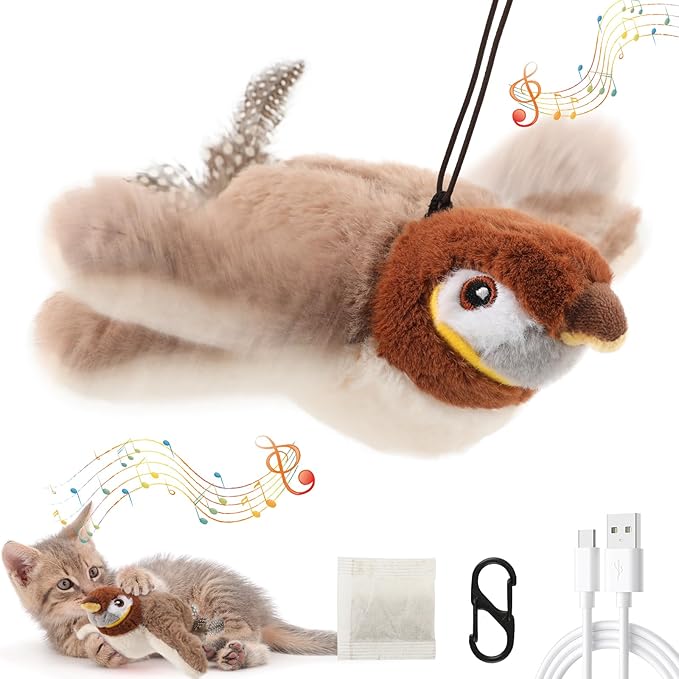 Interactive Chirping&flapping Wings Bird Cat Toy:2025 Electric Flying Cat Toy for Indoor Cats,Realistic Chirping Bird Cat Toy-automatic Flapping Motion,Rechargeable Bird Toys for Cats,Flutters,Not Fly