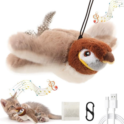 Interactive Chirping&flapping Wings Bird Cat Toy:2025 Electric Flying Cat Toy for Indoor Cats,Realistic Chirping Bird Cat Toy-automatic Flapping Motion,Rechargeable Bird Toys for Cats,Flutters,Not Fly