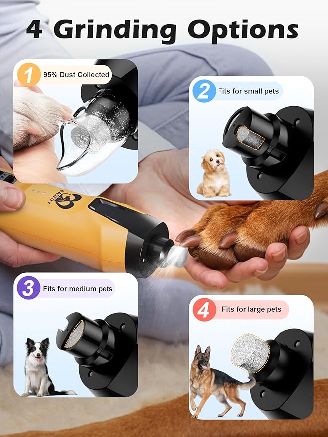 Casfuy 6-Speed Dog Nail Grinder  50%+ Boost Power Dog Nail Trimmers Quiet with Dust Cap & 2 LED Lights & 2000mAh Battery & 4.8V Motor Electric Pet Toenail File Tool for Large Medium Small Dogs Cats