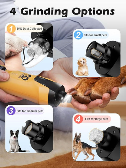 Casfuy 6-Speed Dog Nail Grinder  50%+ Boost Power Dog Nail Trimmers Quiet with Dust Cap & 2 LED Lights & 2000mAh Battery & 4.8V Motor Electric Pet Toenail File Tool for Large Medium Small Dogs Cats