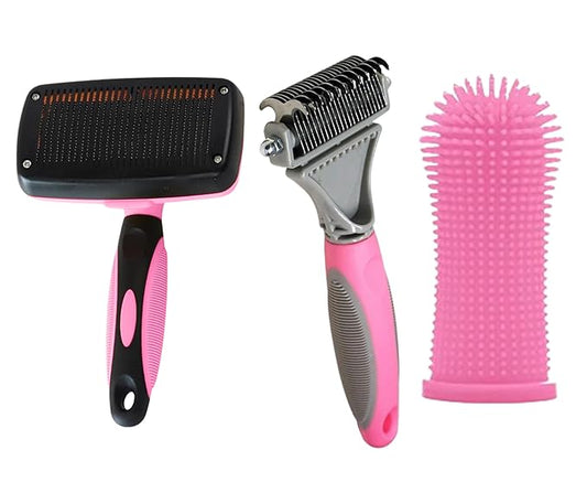 3-in-1 Pet Grooming Set - Self-Cleaning Slicker Brush, Deshedding Rake Comb, and Finger Toothbrush for Dogs & Cats | Perfect for Grooming, Dematting, and Dental Care (pink)