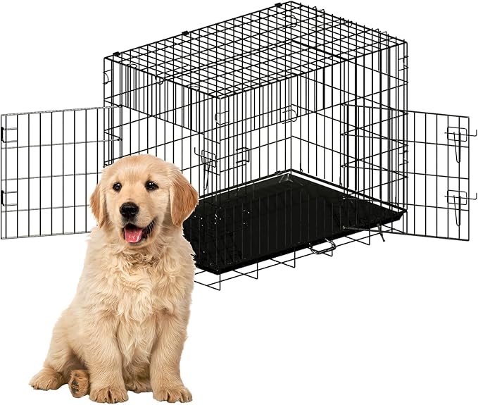 Double Door Dog Crate, Portable Wire Dog Crate with Tray and Divider, Pet Crate for Small Dogs, Indoor and Outdoor Pet Pen, 30" L x 18" W x 21" H Collapsible Dog Kennel
