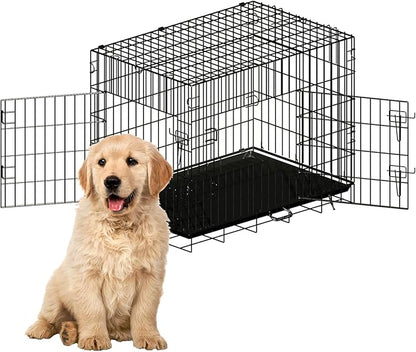 Double Door Dog Crate, Portable Wire Dog Crate with Tray and Divider, Pet Crate for Small Dogs, Indoor and Outdoor Pet Pen, 30" L x 18" W x 21" H Collapsible Dog Kennel