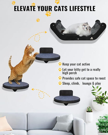 Wooden Cat Wall Shelves with 3 Steps – Space-Saving Wall Mounted Cat Tree Set, Modern Climbing Wall Furniture & DIY Shelves Kit for Small Apartments, Cat Bed for Sleeping, Playing and Climbing