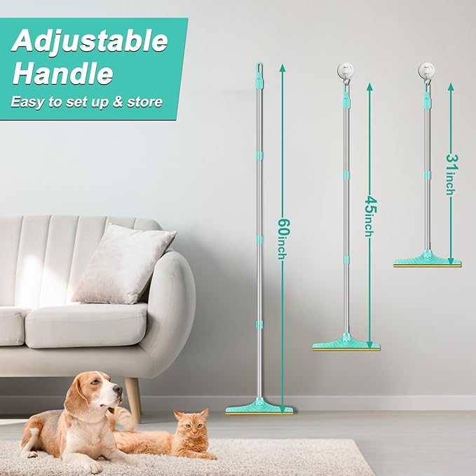 5FT Carpet Rake Pet Hair Remover, Reusable Carpet Rake with Telescopic Handle for Pet Hair Removal Tool Dog Cat Fur Remover Broom for Rugs, Mats, Beds, Stairs (Blue)