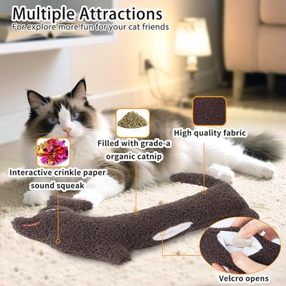 Cat Toy Kicker Pillow Large, Crinkle Sound Refillable Catnip Toy for Indoor Cats Kitten, Durable Plush Kitty Kicking Toy for Cat Chew Teeth Cleaning, Puppy Shape, Brown