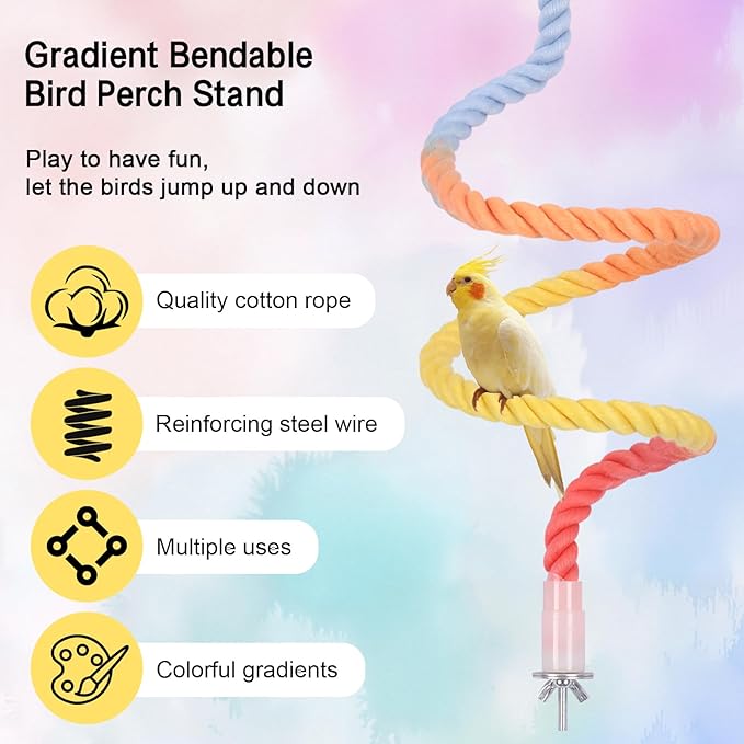 3Pcs Gradient Bendable Bird Perch Stand Set Climbing Rope Swing Playing Toys for Bird Cages Colorful Stand Rope for Parrots Cockatiels Budgies (Yellow, one Size)