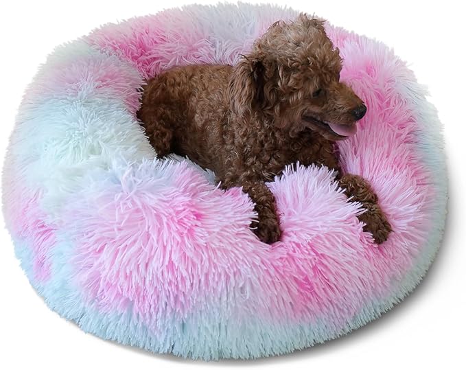 Puppy Bed for Calming Dog 19Inches Peach Anti-Anxiety Donut Dog Bed for Small Dogs Washable Fuzzy Dog Bed Fits up to 15 lbs Pets Beds for Small Dog