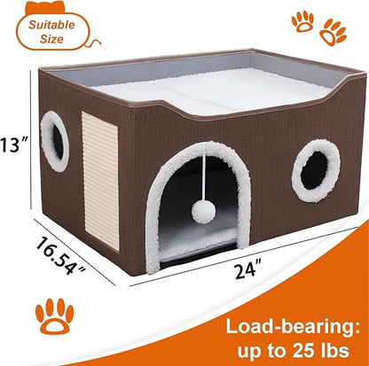 Cat Houses for Indoor Cats - Large Cat Bed Cave with Scratch Pad and Fluffy Ball, Foldable Cat Condo Hideaway with Reversible Cushion for Multi Small Petï¼_rown