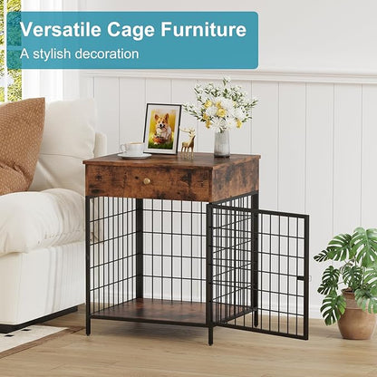 Dog Crate Furniture, Wooden Dog Crate End Table,Dog Kennel with Drawer Indoor, Furniture Dog Crate Side Table for Small Dogs