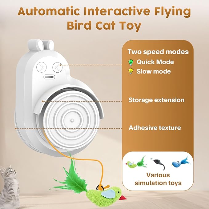 Interactive Cat Toys for Indoor Cats - Automatic Flying Bird & Mouse Wand Enrichment Toy, Hands-Free or Handheld USB-Rechargeable Safe Play Chase Exercise for Bored Kittens and Adult Cats