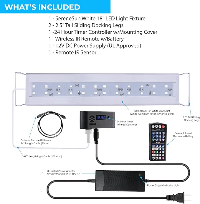 SereneSun 18" RGB+W Freshwater Aquarium Terrarium Reptile LED Light with 24 Hour Color Timer and Remote Control| RGB + 6,500K White | For Fish Tank, Reptile, Terrarium & Plants | Fits 18" to 24"